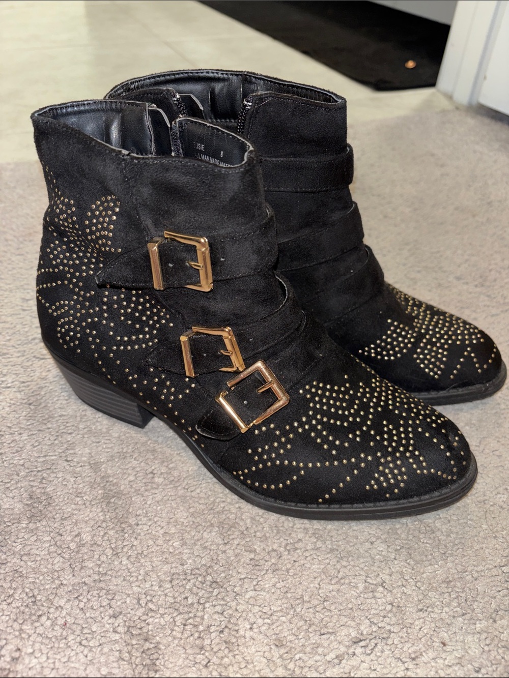 Black Studded Buckle Ankle Boots - Women